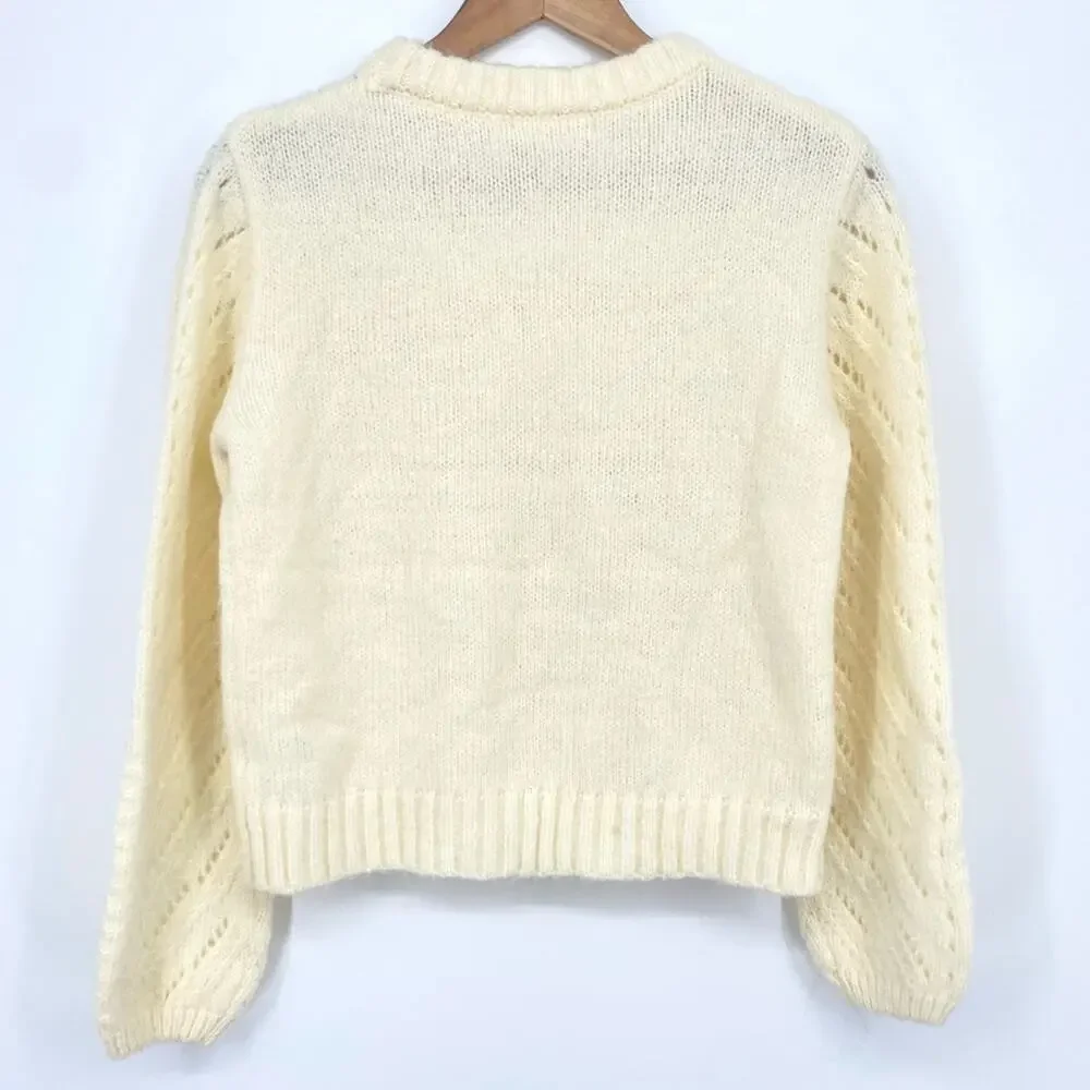 NWOT ELODIE Pointelle Ivory Knit Crew Neck Sweater Size XS Bohemian